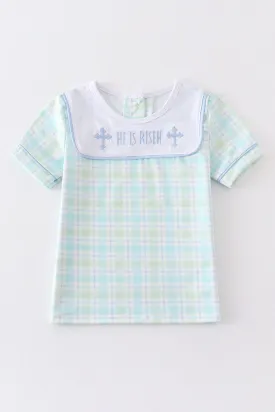 Blue easter plaid he is risen embroidery boy top