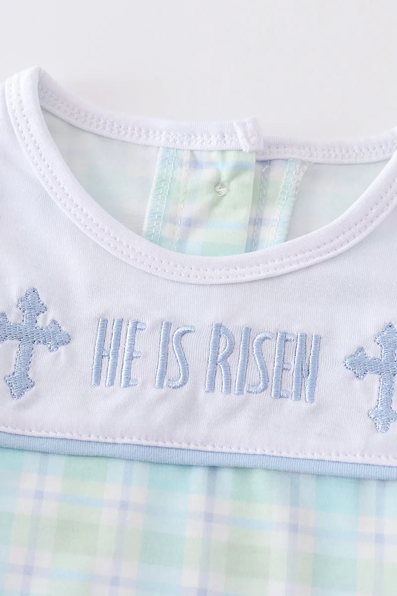 Blue easter plaid he is risen embroidery boy top