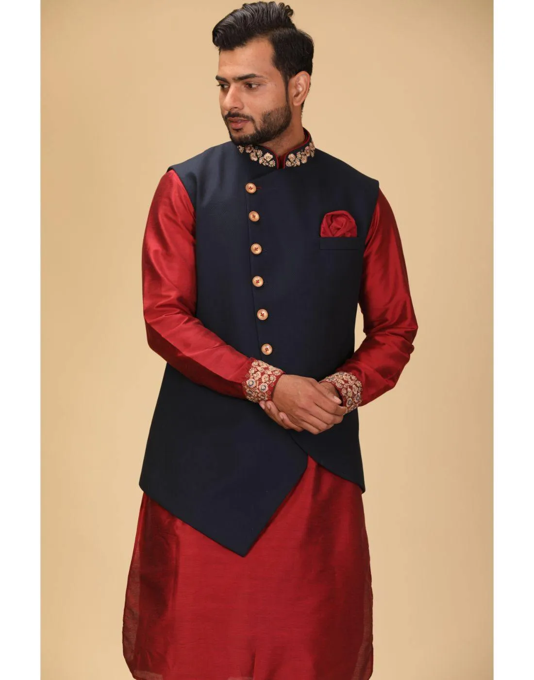 BluesnGreys Maroon and Blue Nehru Jacket Set - Rent