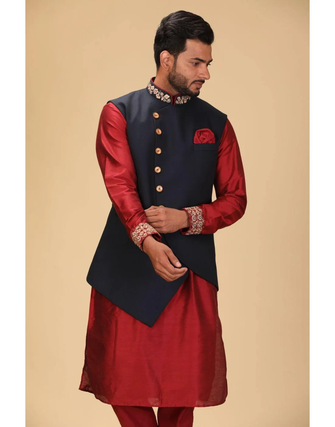 BluesnGreys Maroon and Blue Nehru Jacket Set - Rent