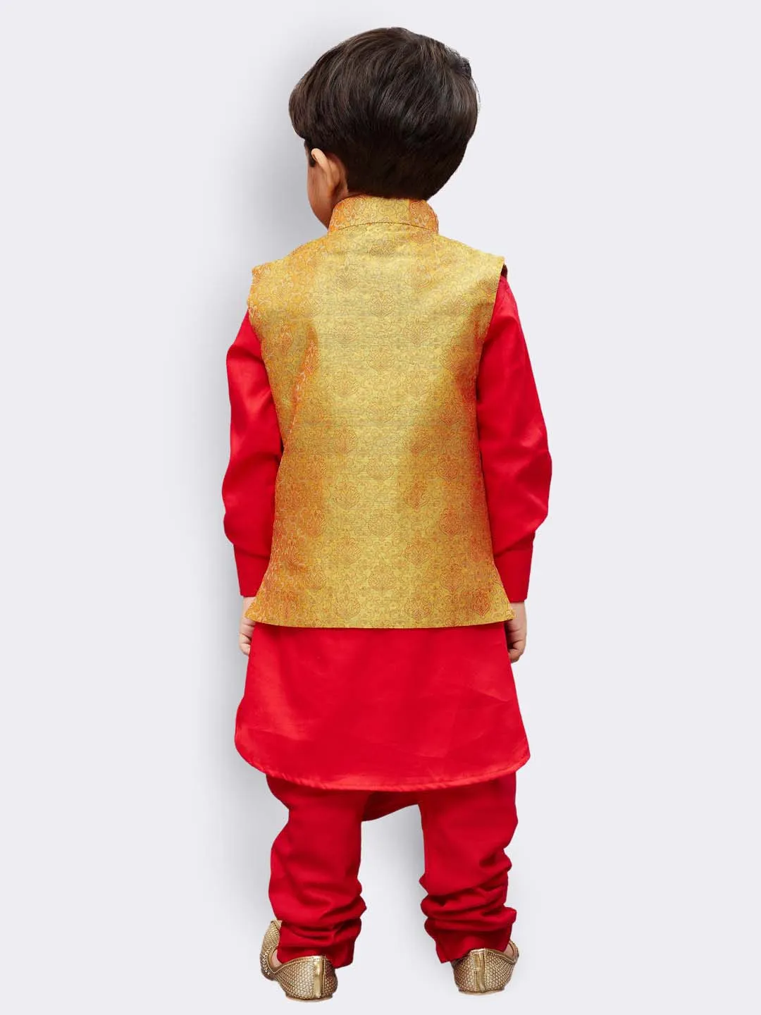 Boys' Red Cotton Kurta, Waistcoat and Pyjama Set