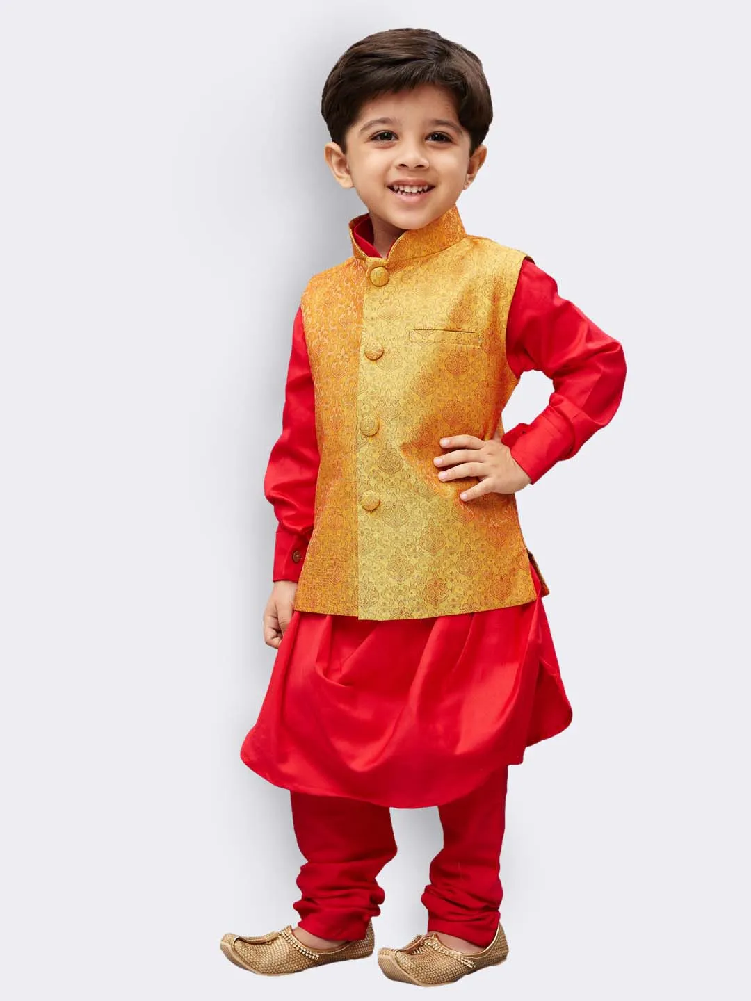 Boys' Red Cotton Kurta, Waistcoat and Pyjama Set