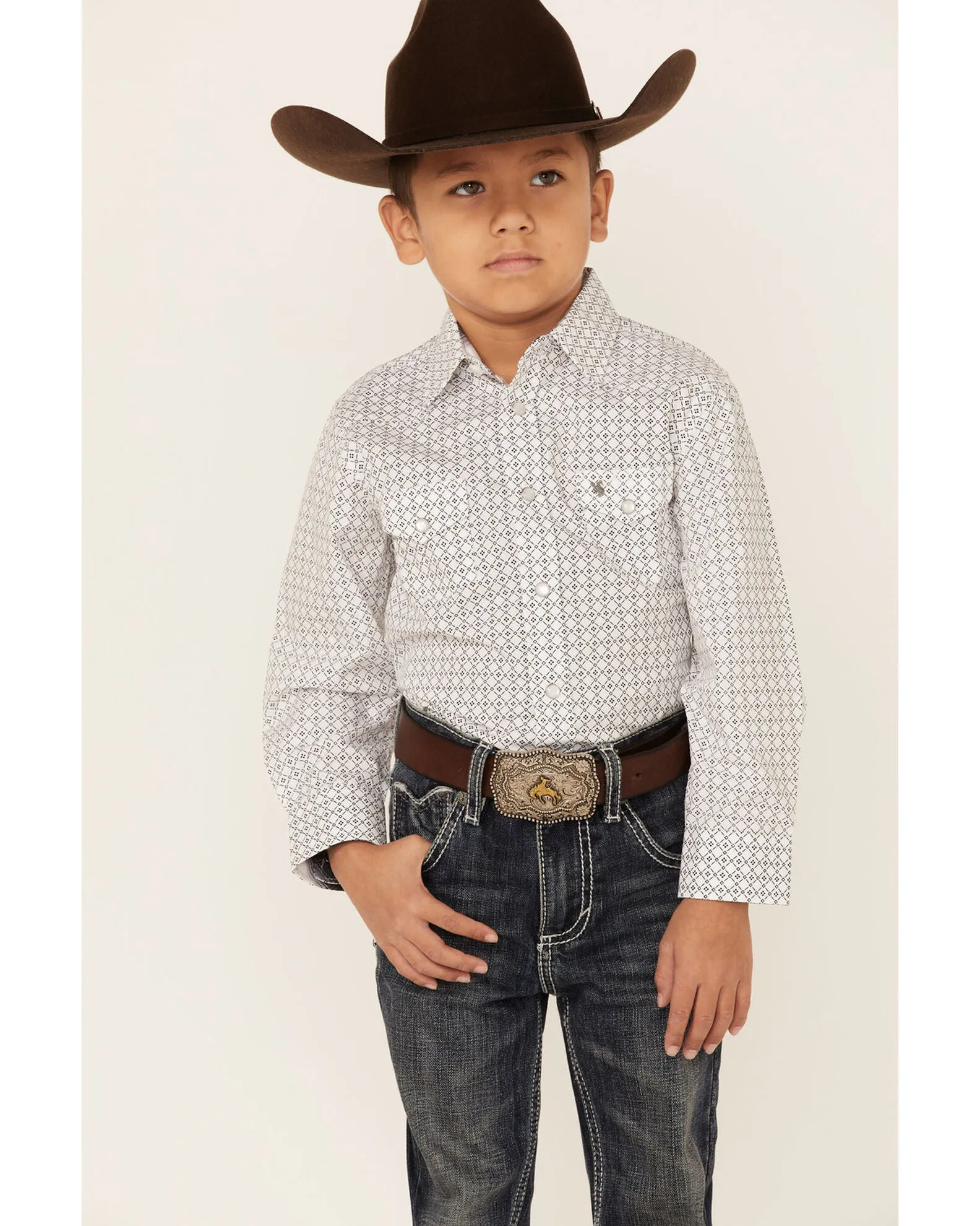 Boys Western Pearl Snap Long Sleeve Shirt | Dot Geo Print