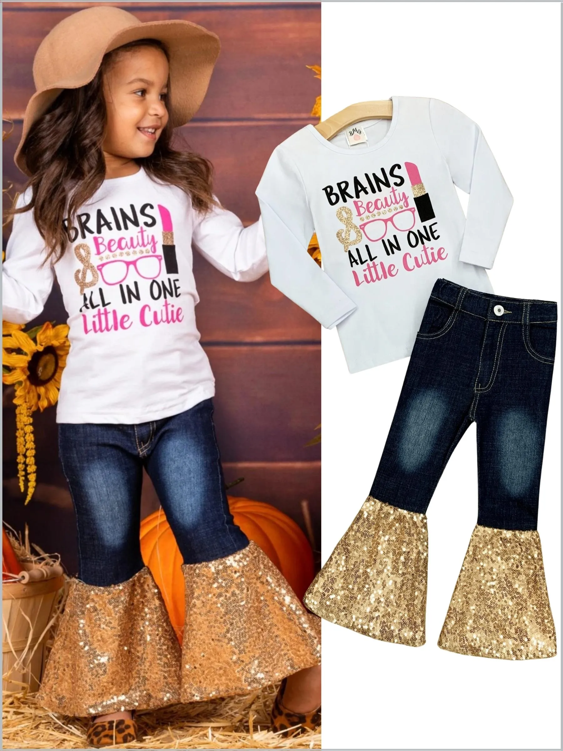 Brains and Beauty Sequin Bell Bottom Jean Set