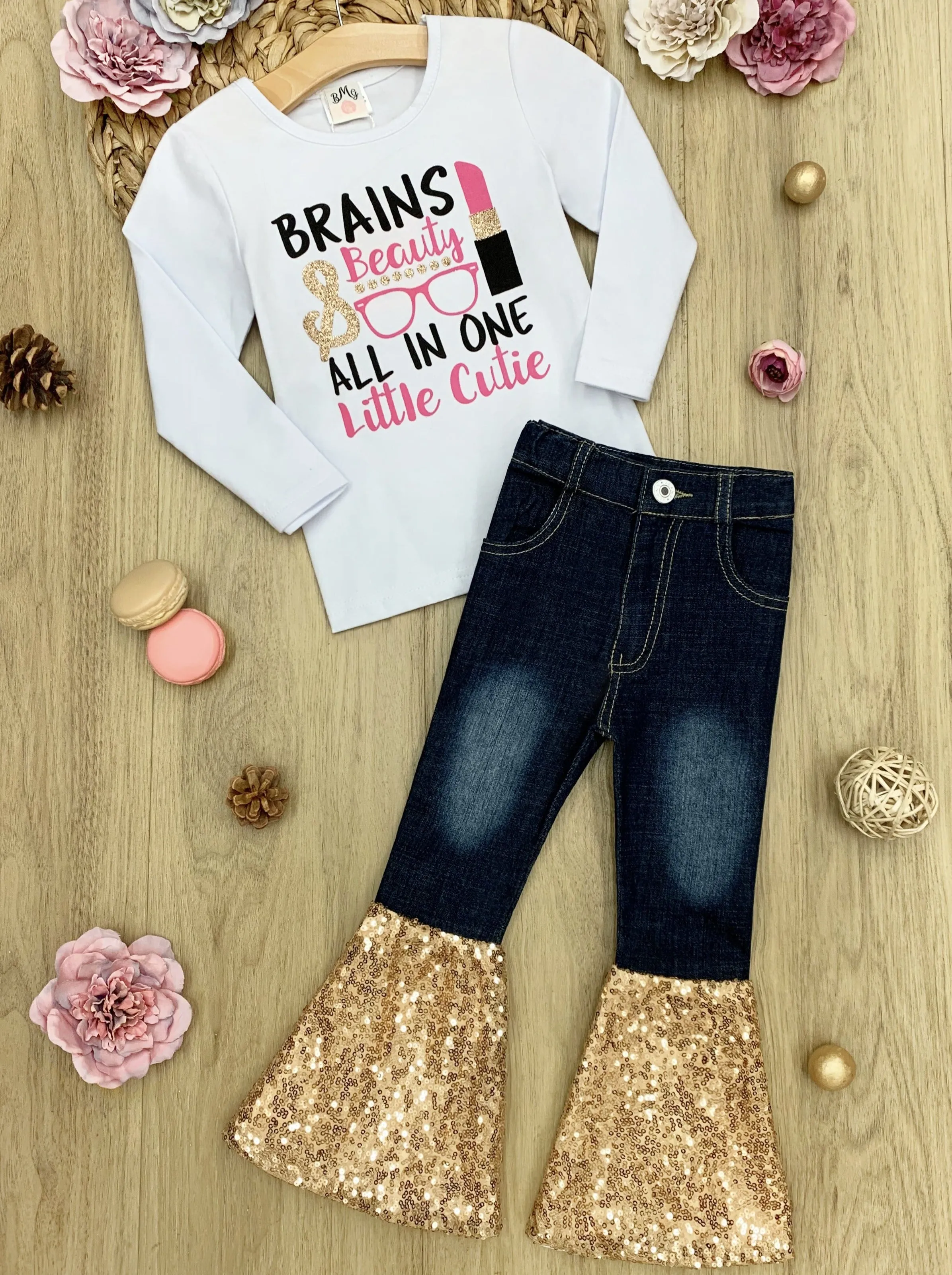 Brains and Beauty Sequin Bell Bottom Jean Set