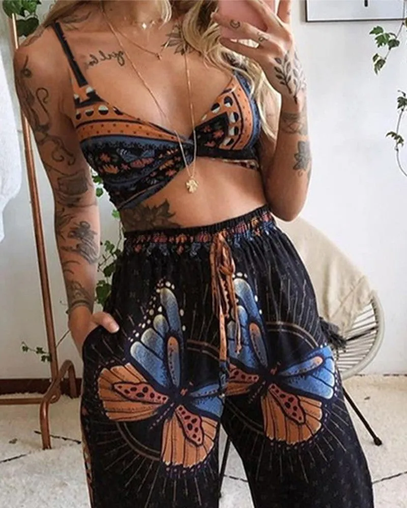 Butterfly Geometric Print Twisted Crop Top & Pocket Design Pants Set