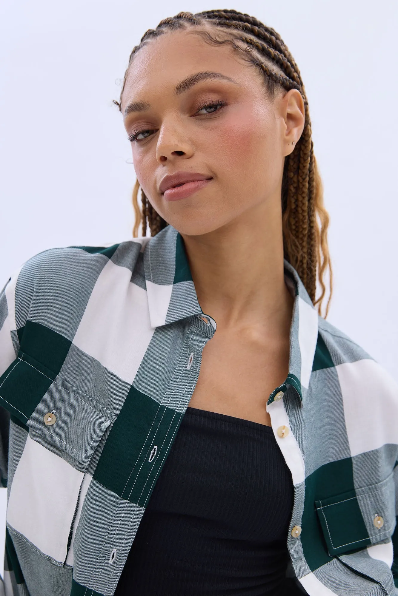 Button-Up Twill Plaid Shirt