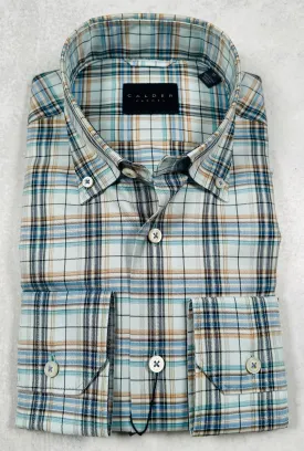 Calder Carmel Luxury 120's 2Ply Twill Plaid Windowpane Sport Shirt in Turquoise