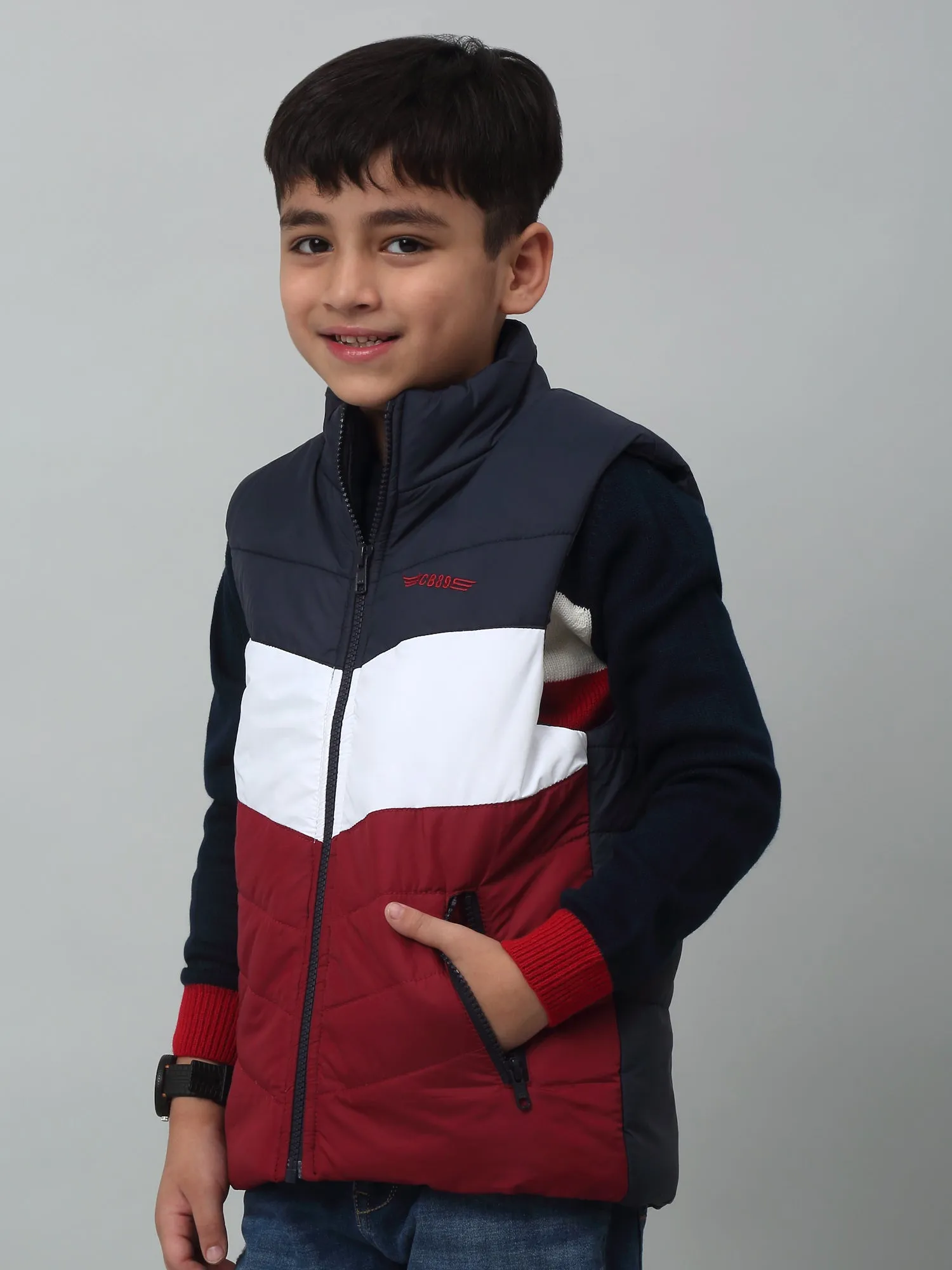 Cantabil Boys Maroon Mandarin Collar Color-Blocked Casual Jacket For Winter