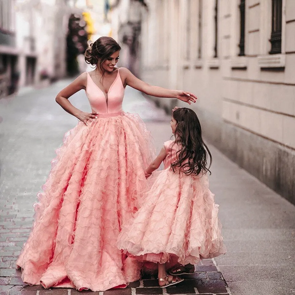 Coral Pink Tiered Ruffles Ball Mother Daughter Gown