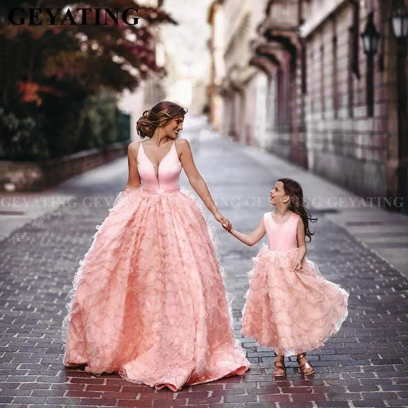 Coral Pink Tiered Ruffles Ball Mother Daughter Gown