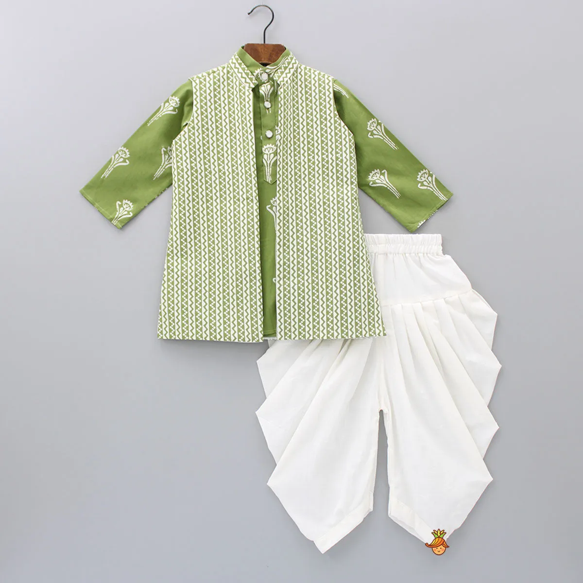 Cotton Mehendi Green Kurta With Sleeveless Open Jacket And White Pleated Dhoti