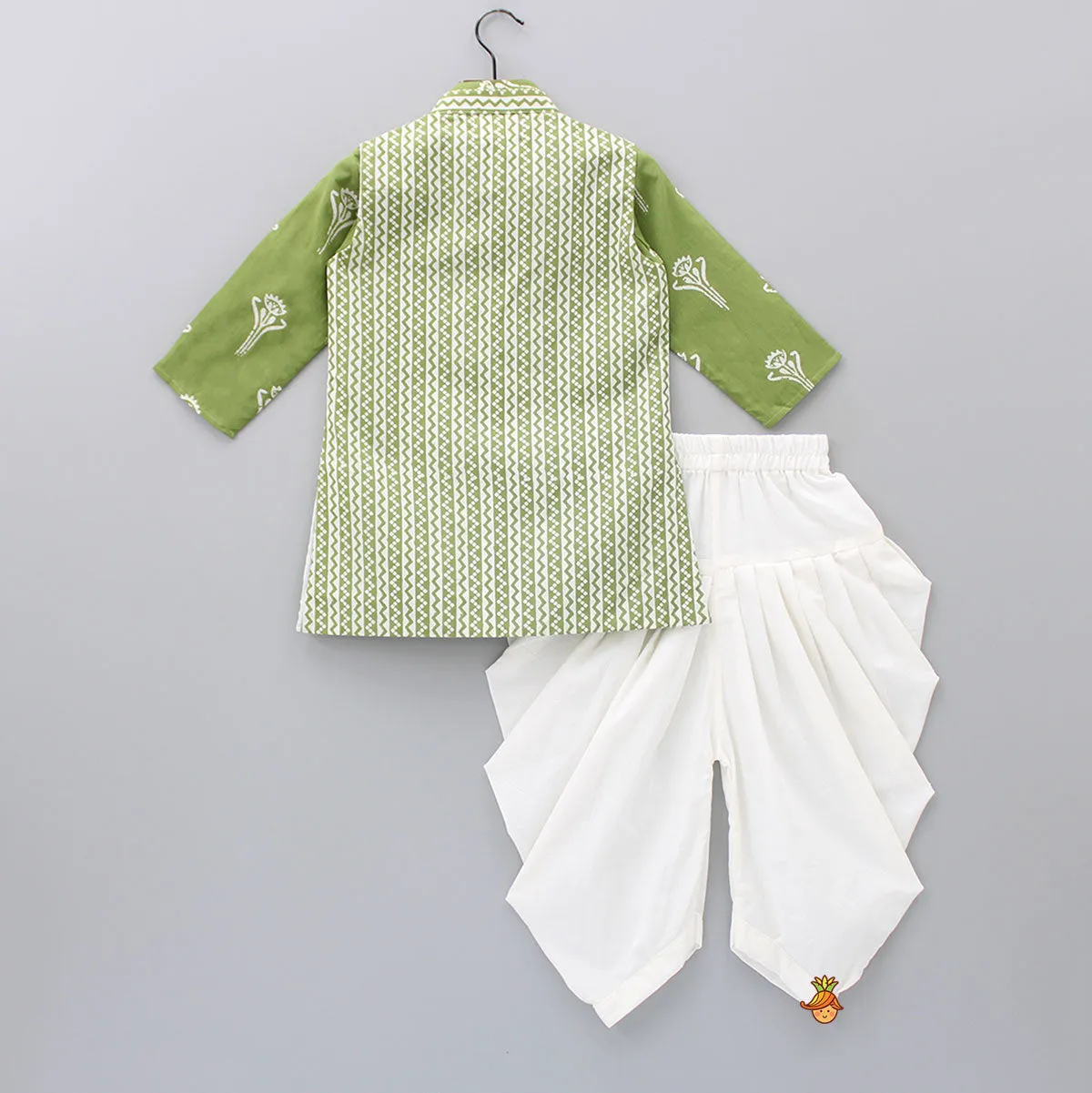 Cotton Mehendi Green Kurta With Sleeveless Open Jacket And White Pleated Dhoti