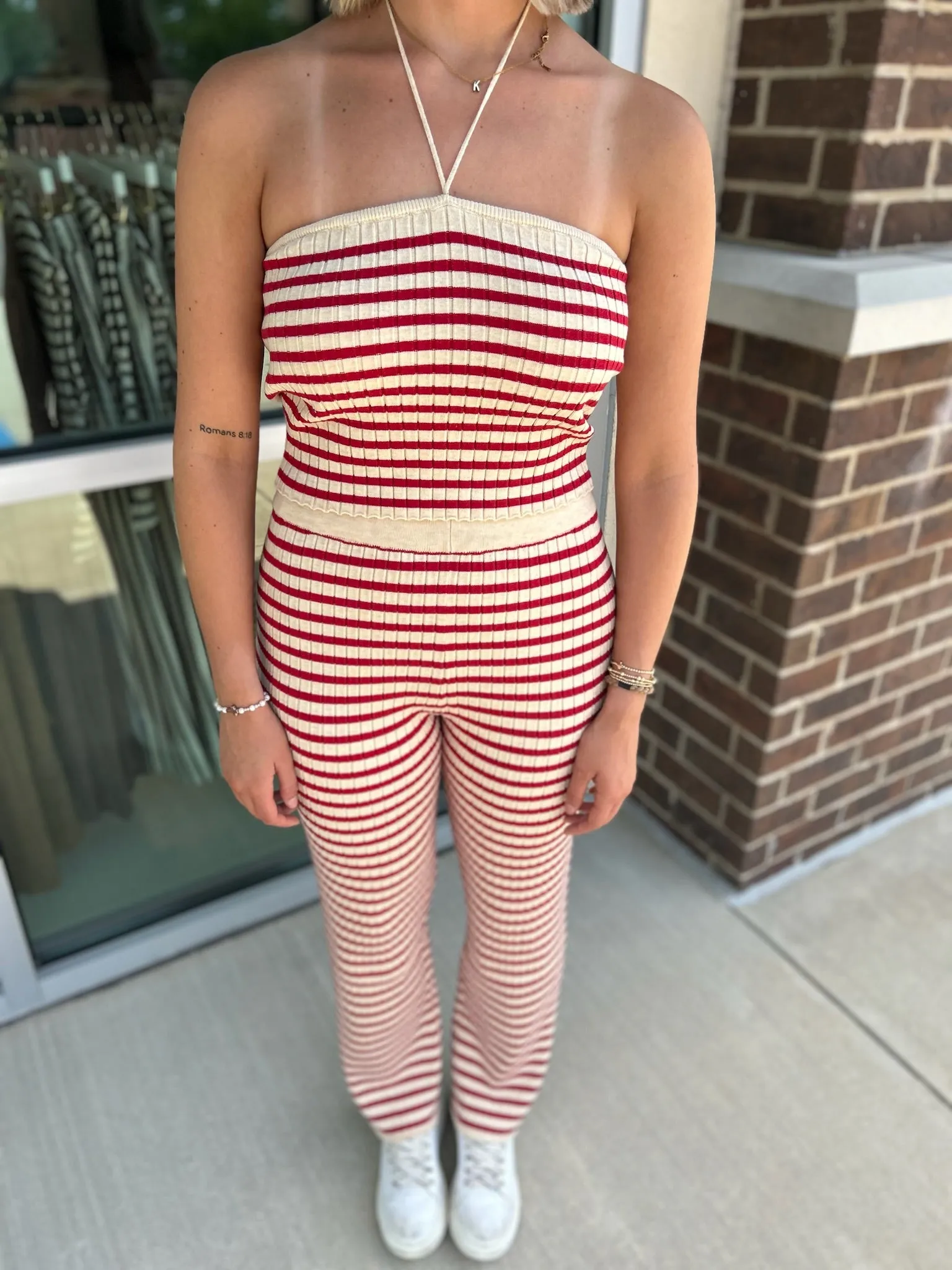 Cream   Red Stipe Pant Set