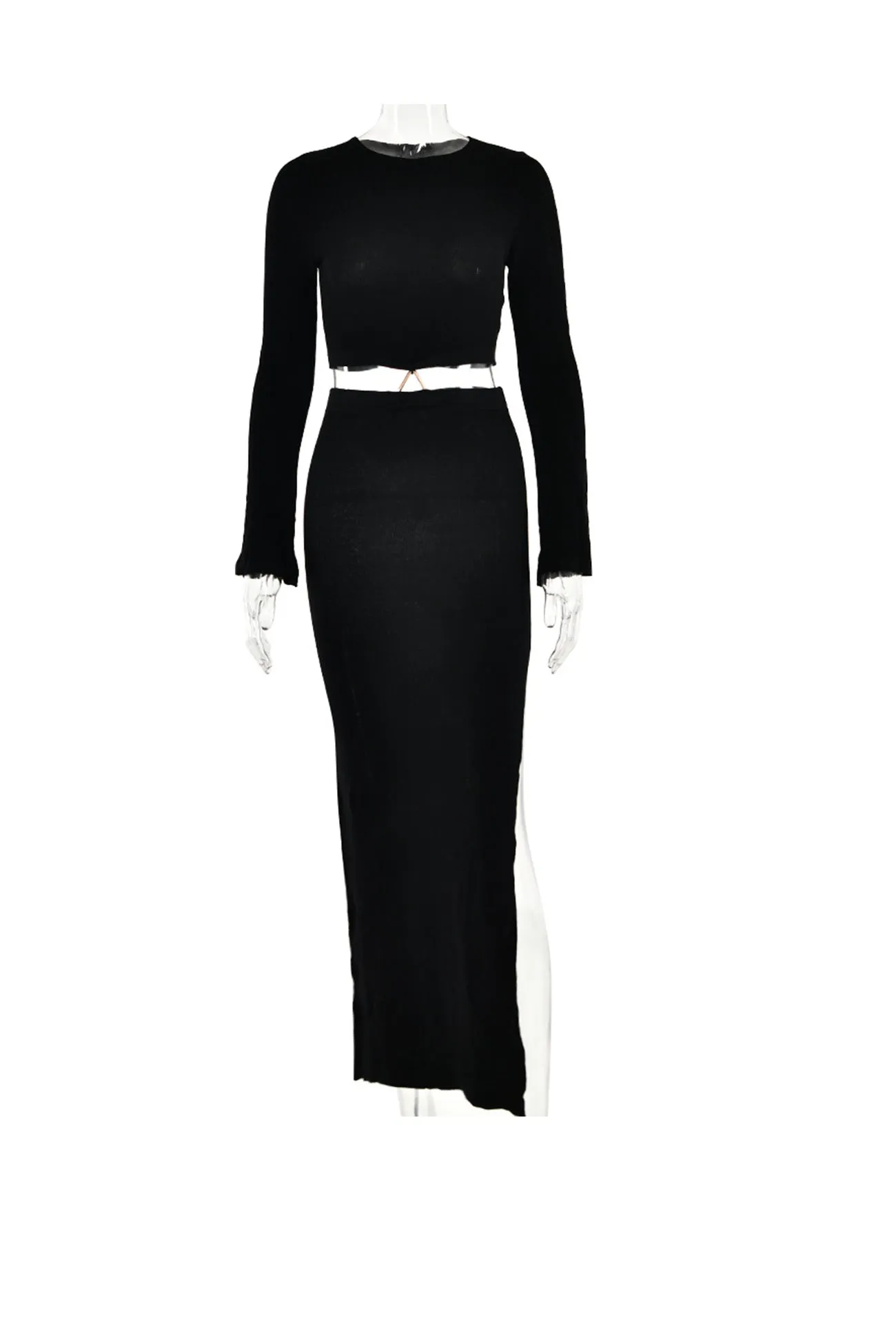 Crew Neck Flares Sleeve Crop Top Slit Midi Skirt Suits