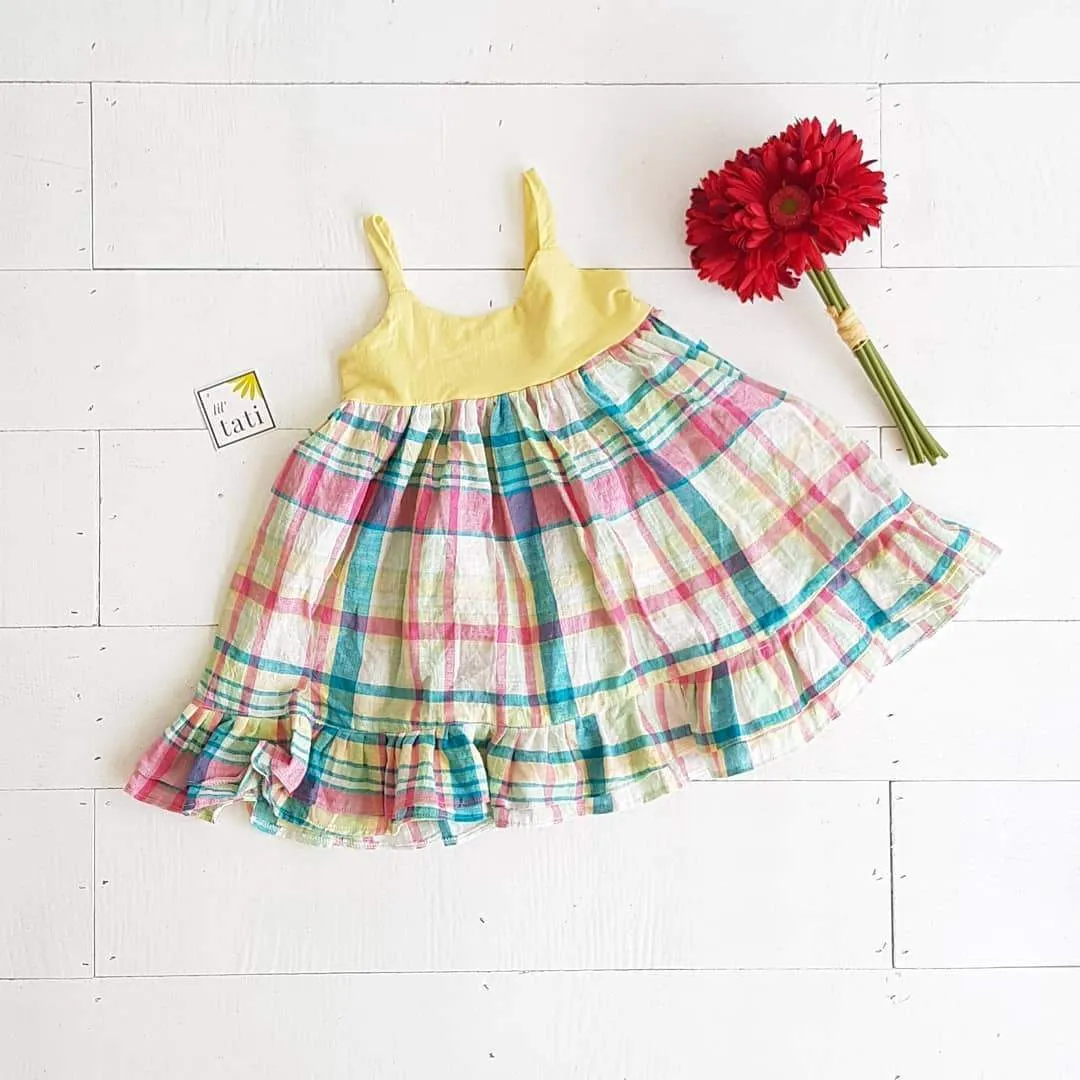 Dahlia Dress in Yellow Stretch and Bright Plaid