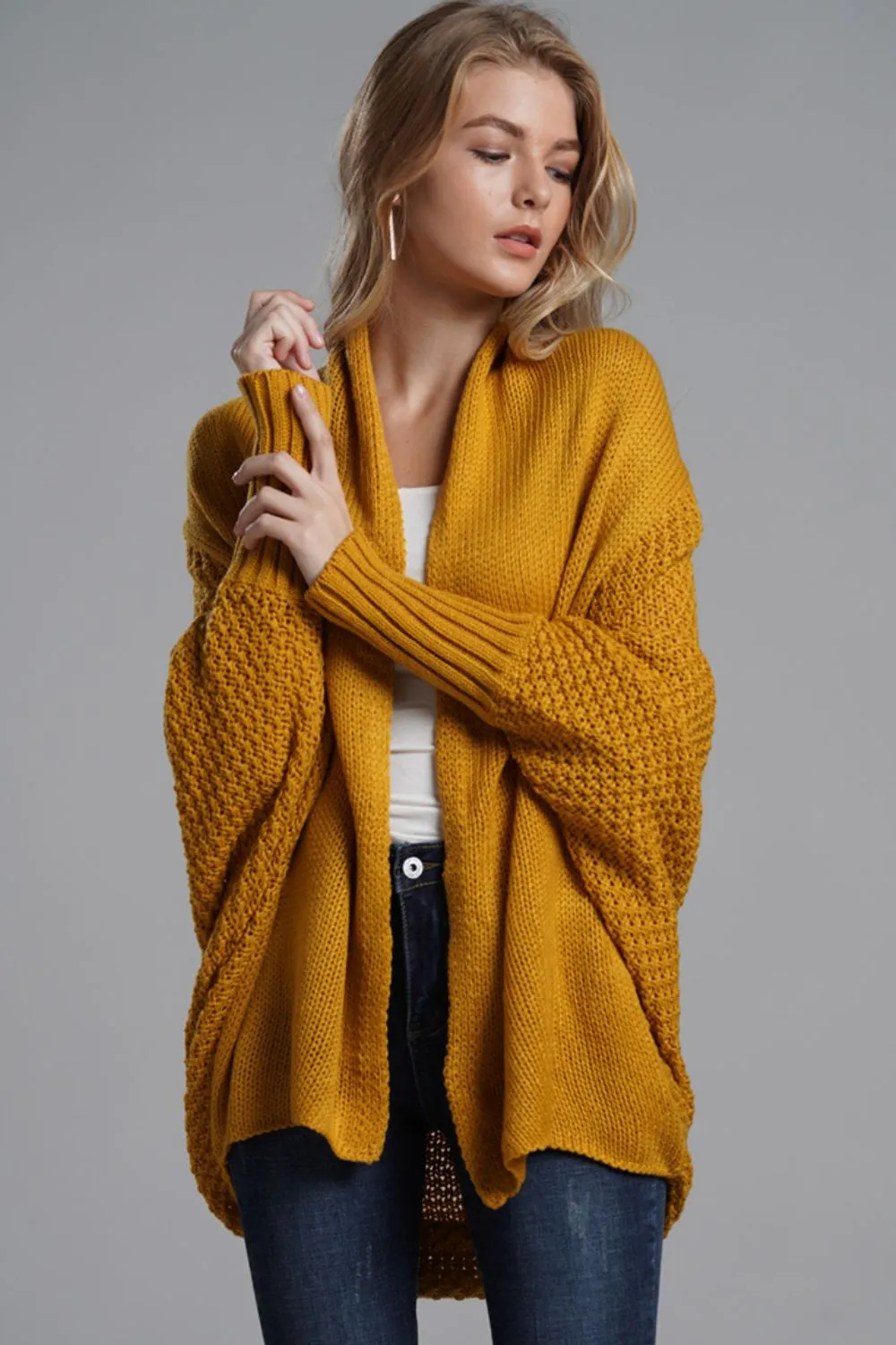 Dolman Sleeve Open Front Ribbed Trim Longline Cardigan