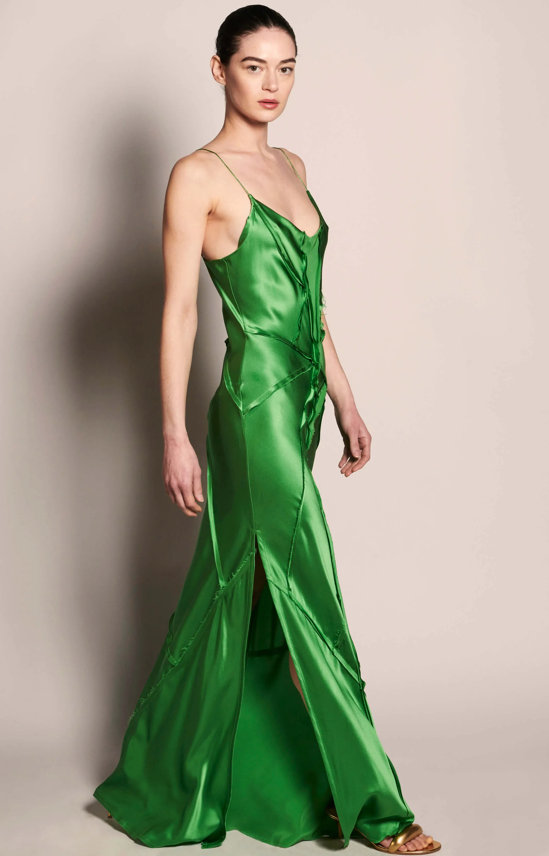 Elongated Recycled Dress with Slit - Almond