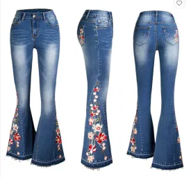 Embroidered Bell Bottom Flare Stretch denim jeans