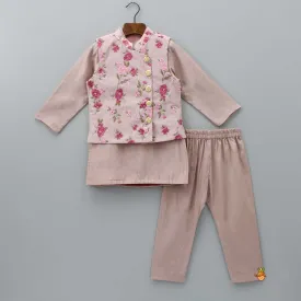 Ethnic Kurta With Pink Floral Embroidered Jacket And Pyjama