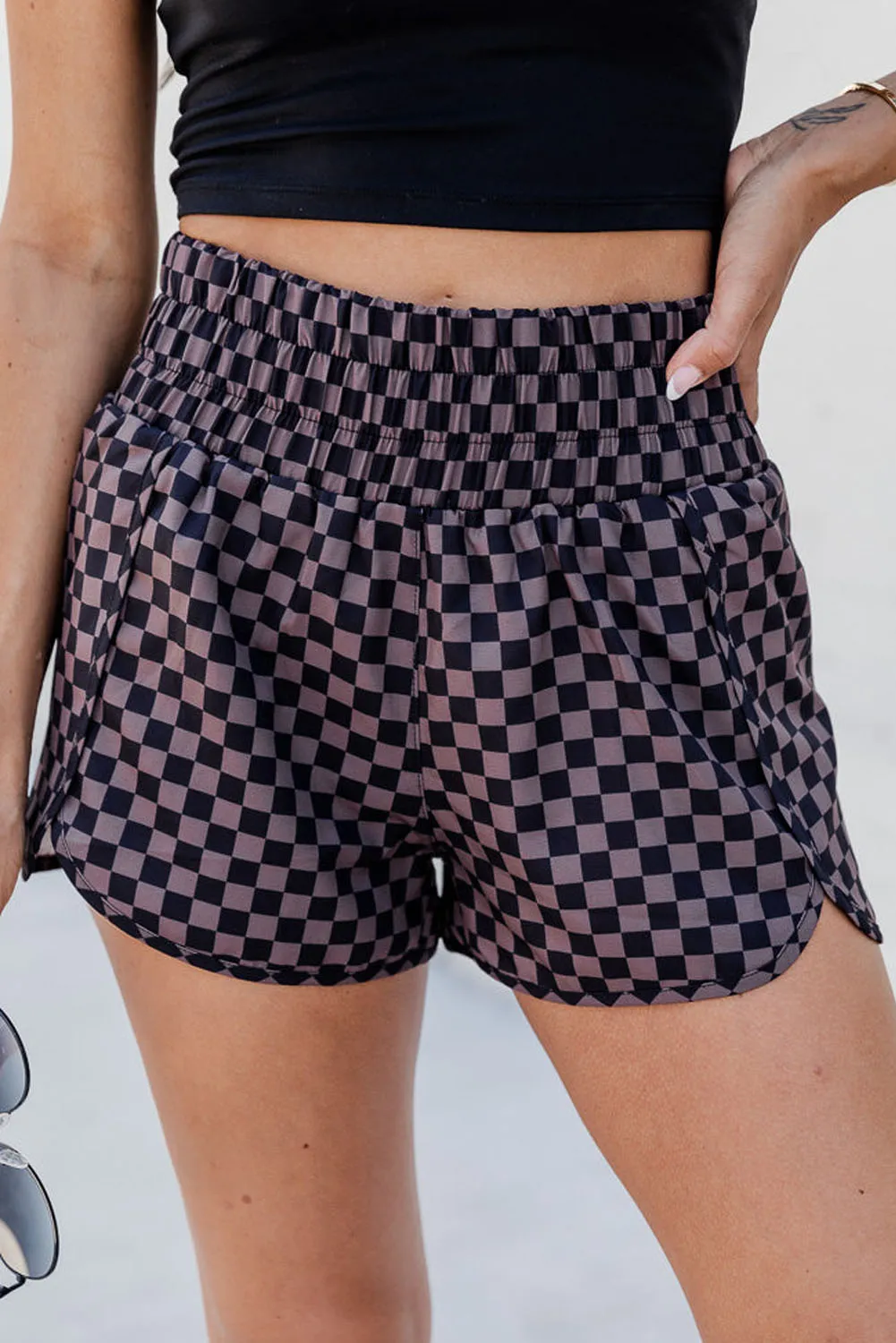 Explore More Collection - Checkered Elastic Waist Shorts