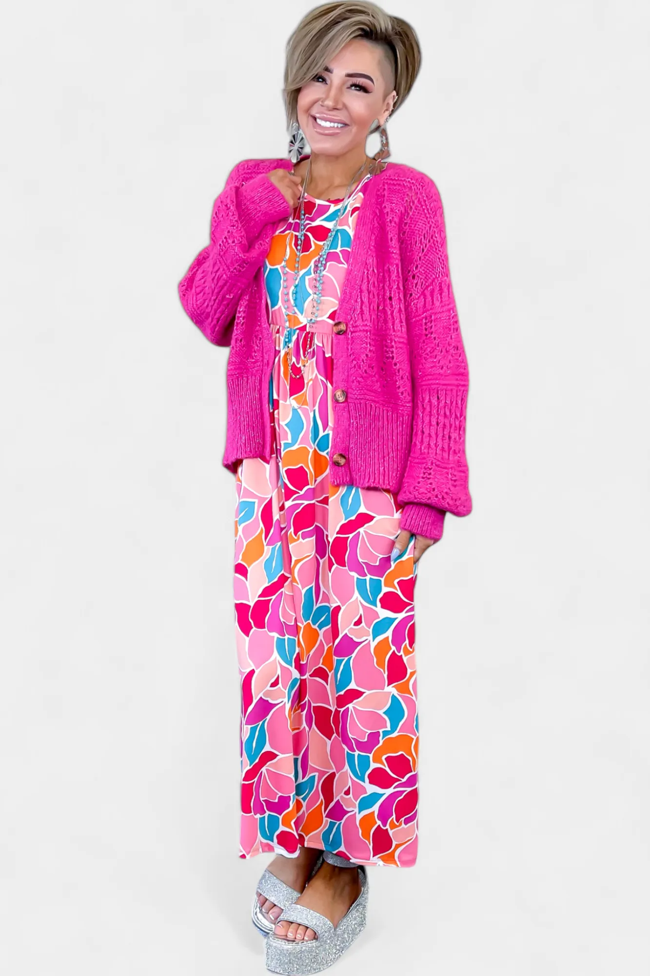 Fuchsia Bubble Sleeve Cardigan