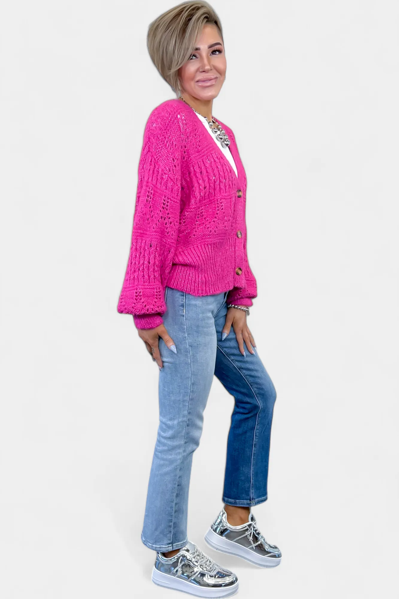 Fuchsia Bubble Sleeve Cardigan