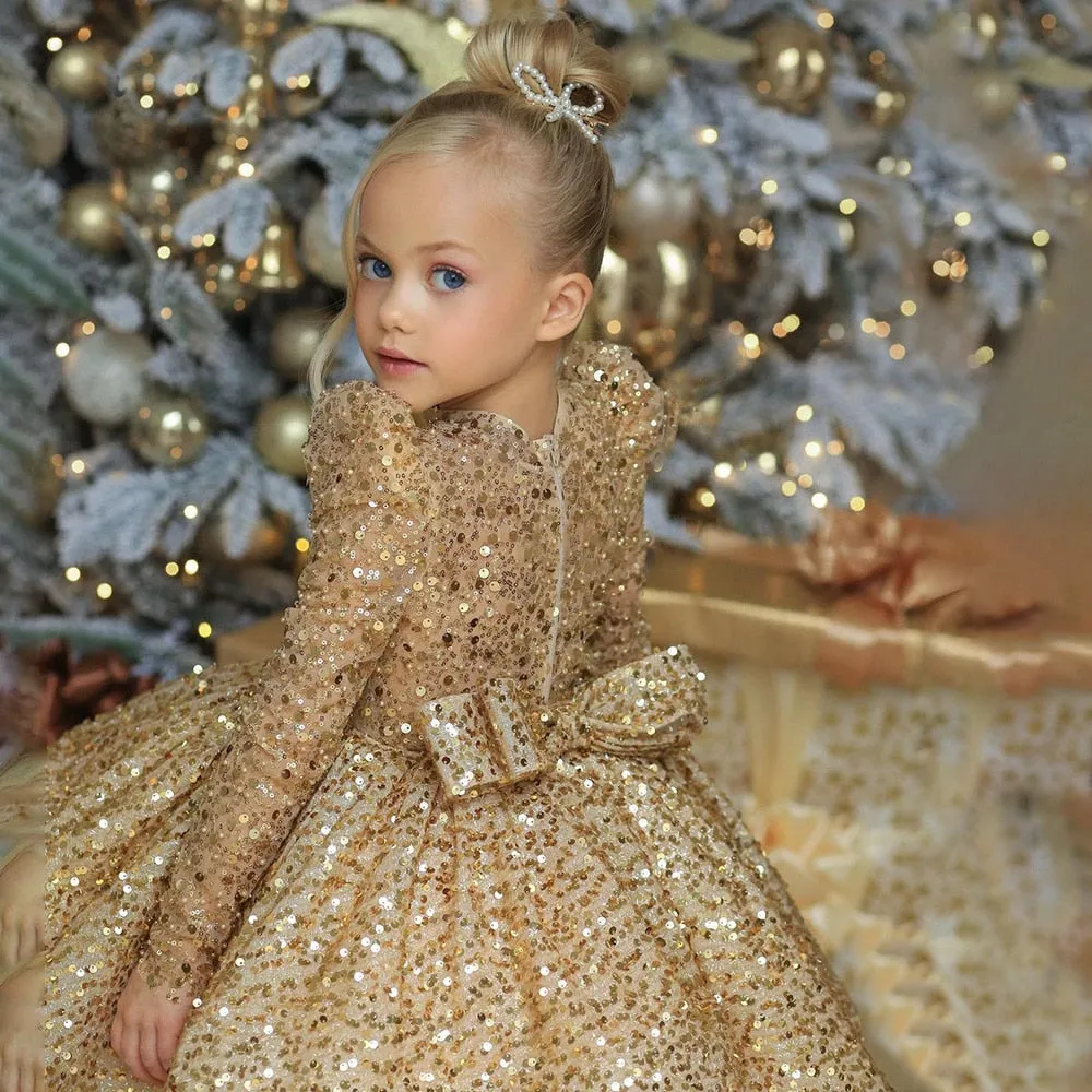 Glitter Sequin Gold Flower Girl Dress