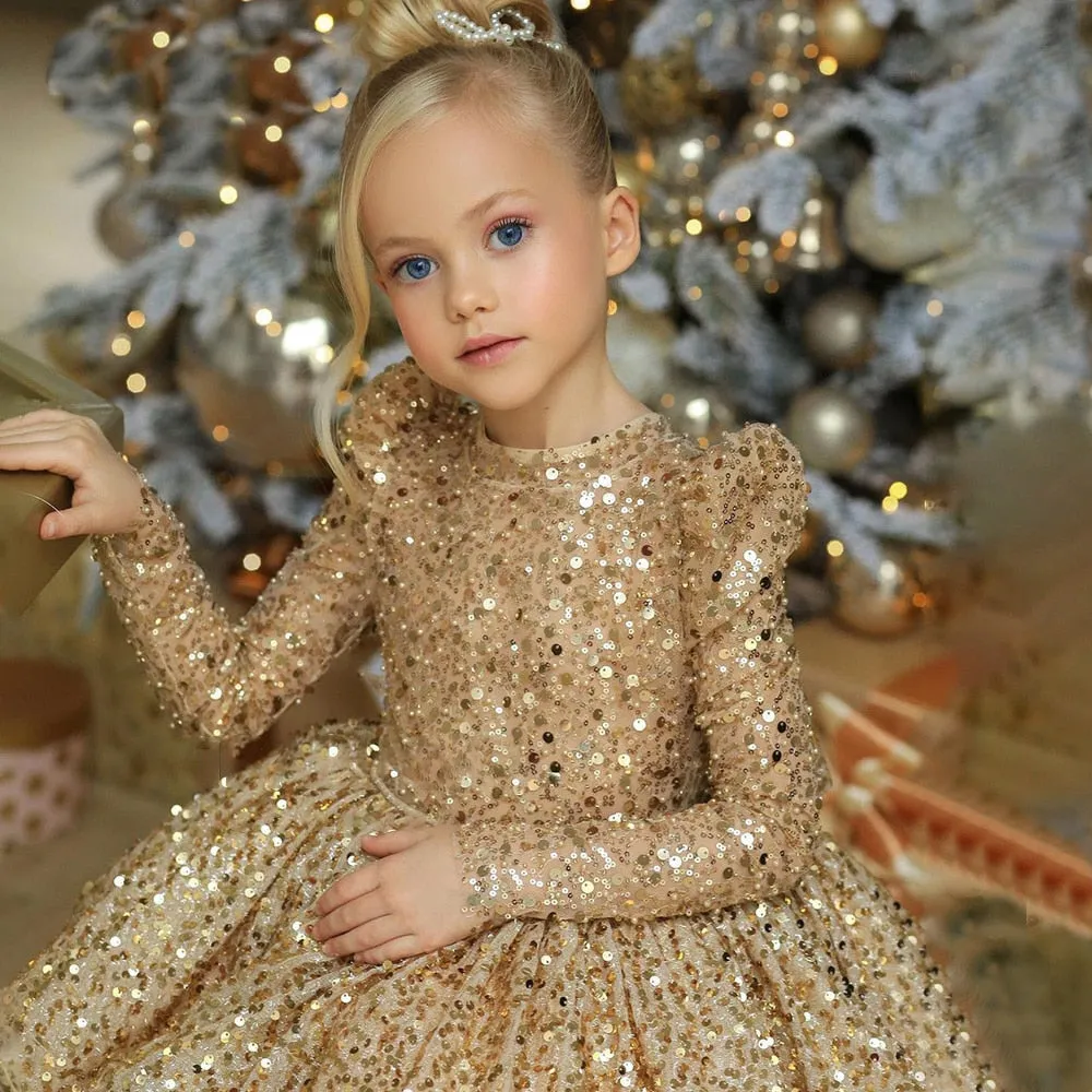 Glitter Sequin Gold Flower Girl Dress