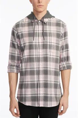 Guys Pink Plaid Hooded Button Up Shirt