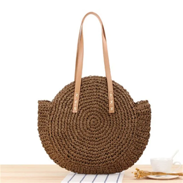 Handmade Woven Summer Beach Round Straw Bags for Women