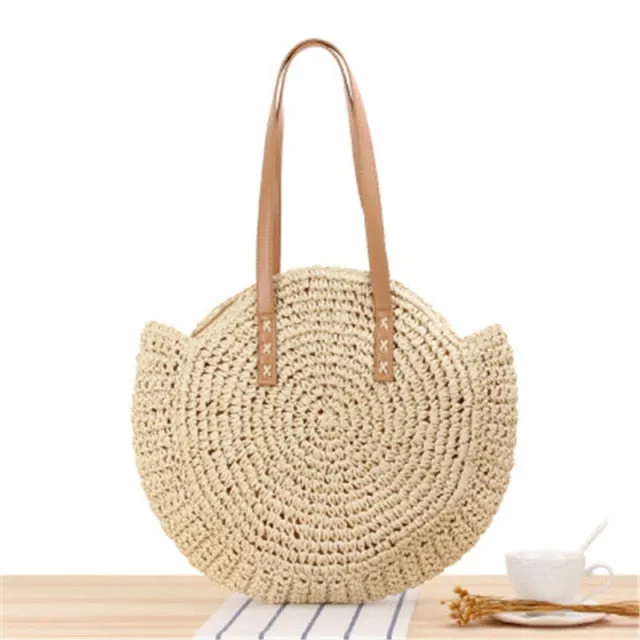 Handmade Woven Summer Beach Round Straw Bags for Women