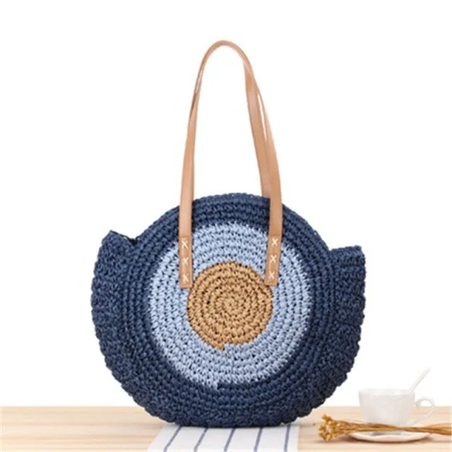 Handmade Woven Summer Beach Round Straw Bags for Women