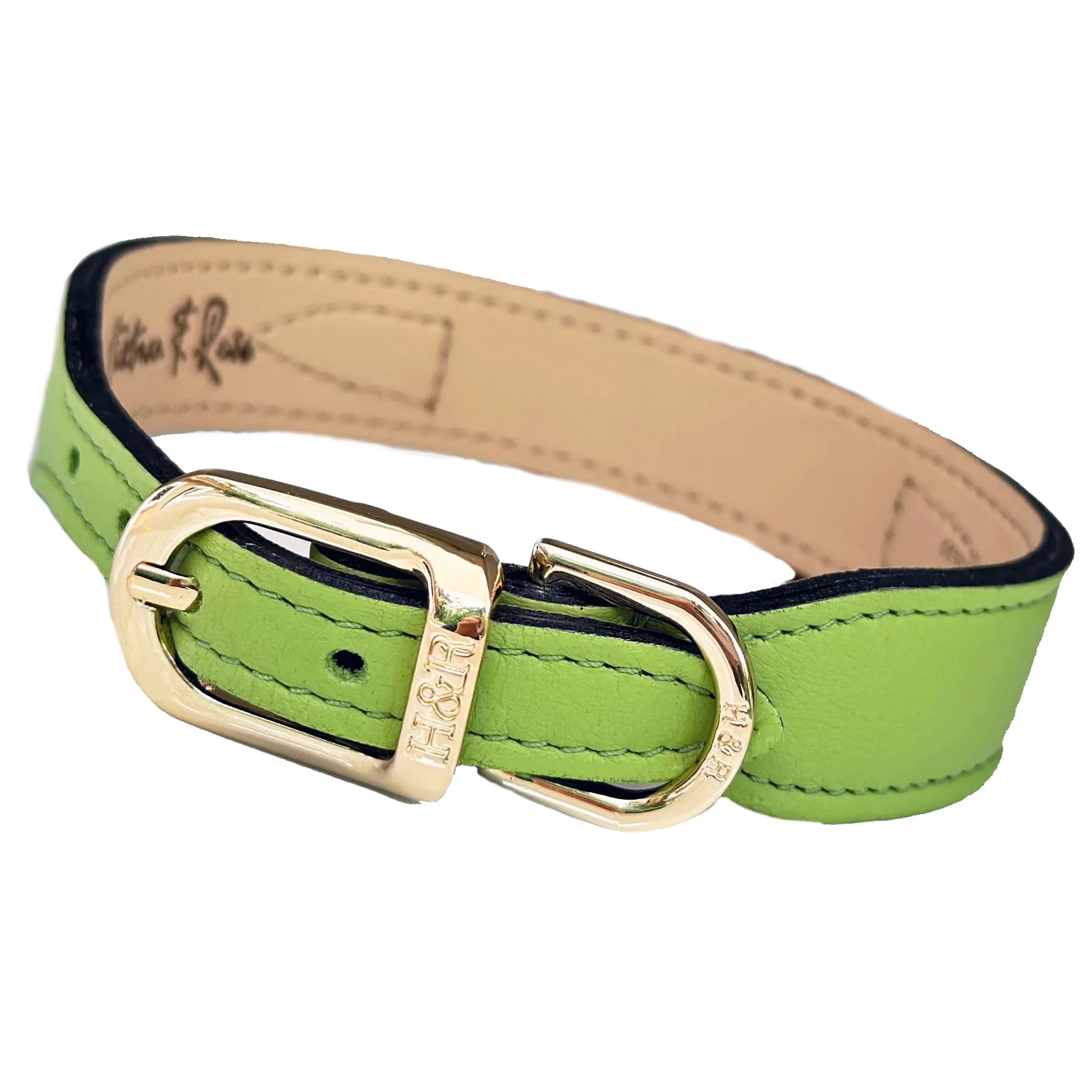 Italian Lime Green Leather Dog Collar & Gold