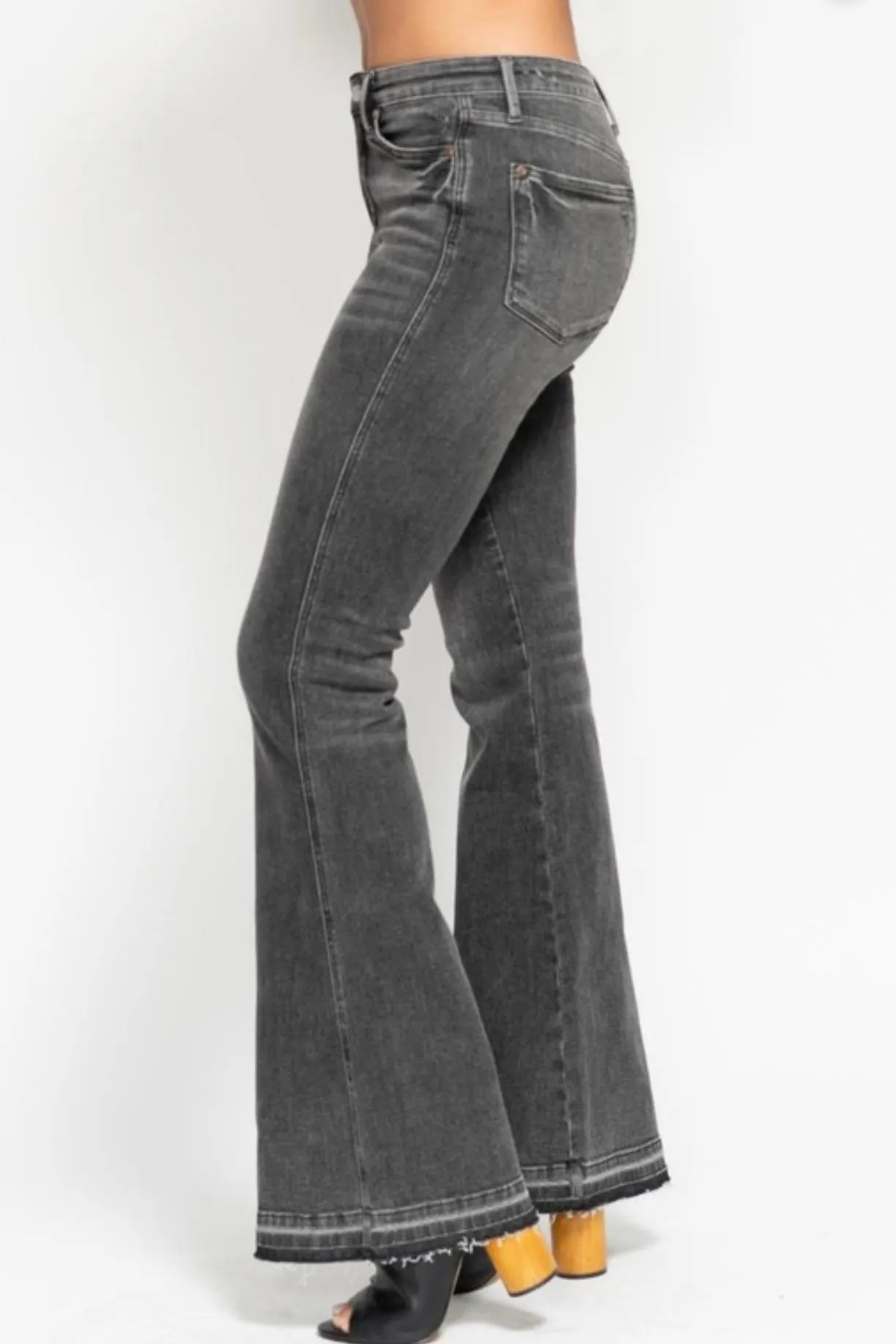 Judy Blue Mid Rise Tummy Control Gray Release Hem Flare Jeans