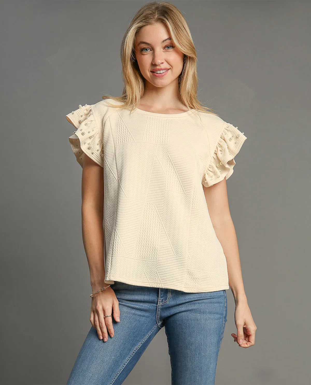 Knit Jacquard Boxy Cut Top with Ruffle Sleeves and Pearl Details