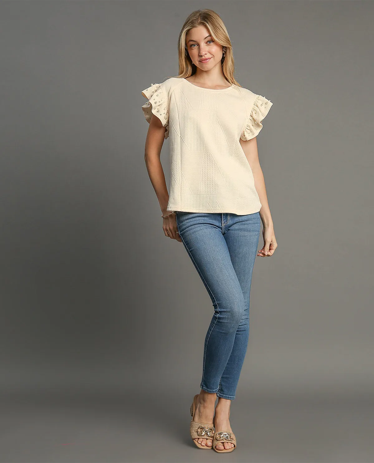 Knit Jacquard Boxy Cut Top with Ruffle Sleeves and Pearl Details