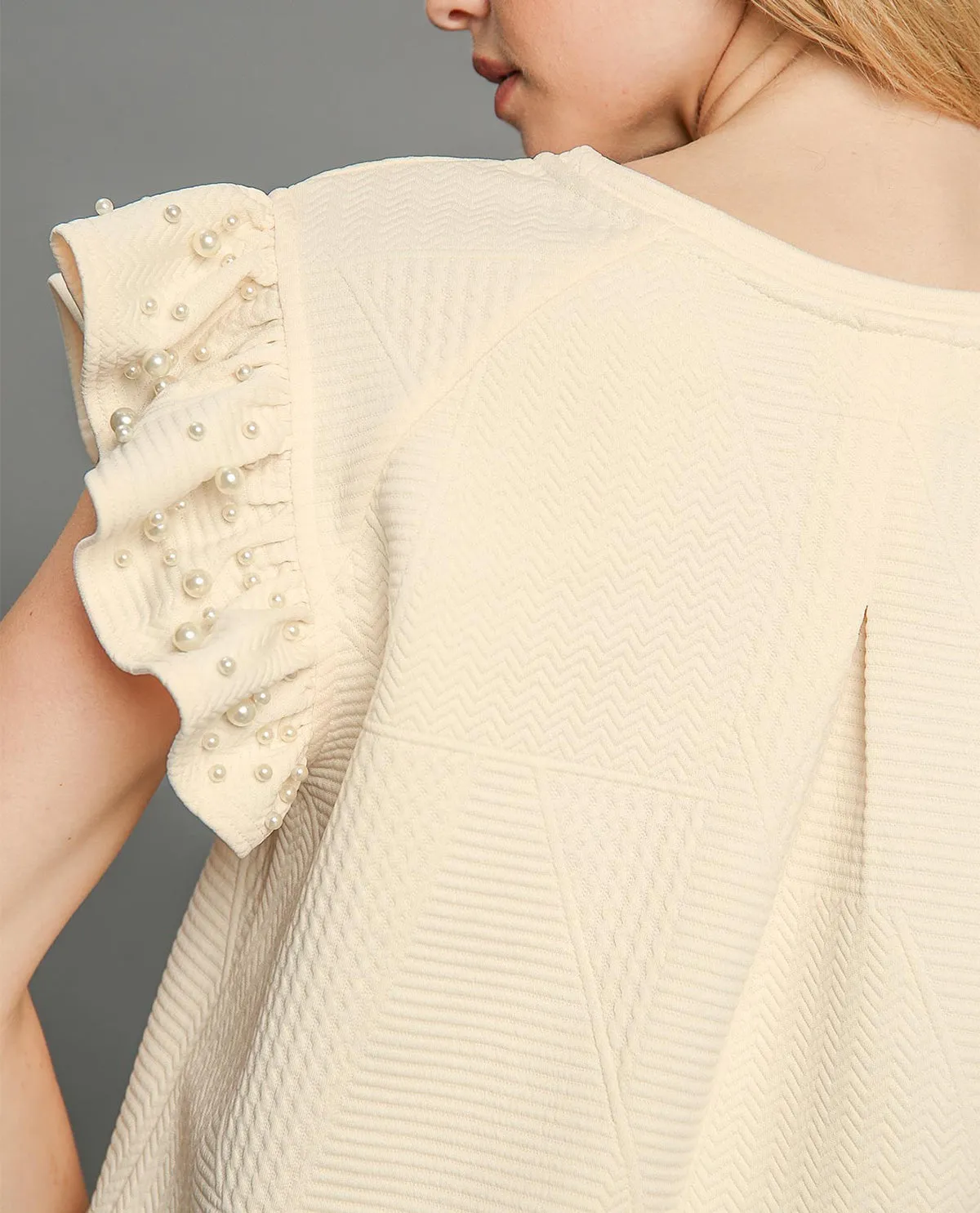 Knit Jacquard Boxy Cut Top with Ruffle Sleeves and Pearl Details