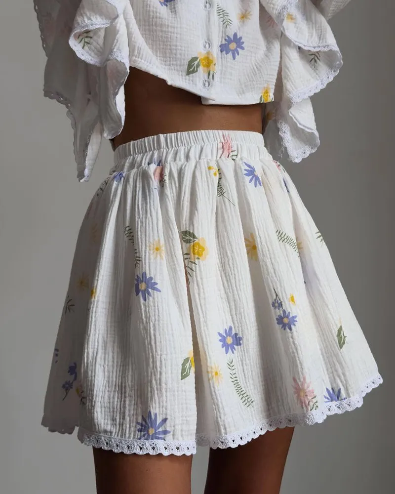 Linen Ribbed Lantern Sleeve Ruffles Button Crop Top And Shorts Co ord Set