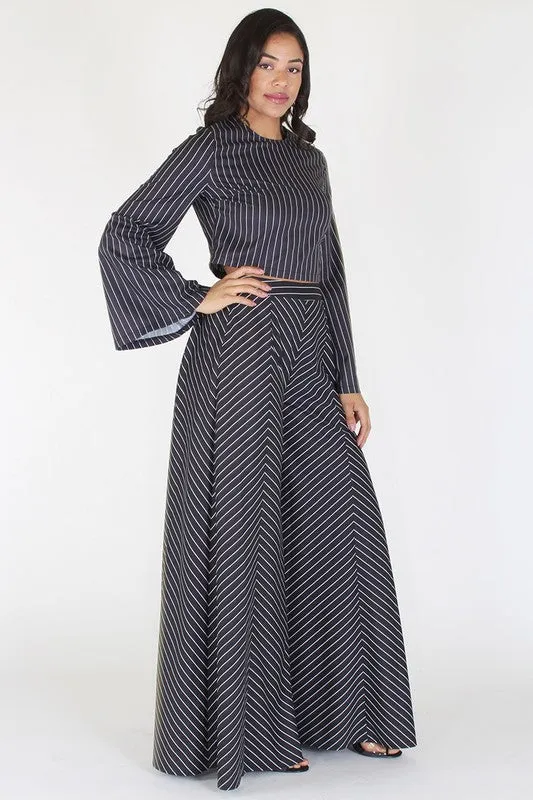 Long Sleeve Striped Top And Wide Leg Pants Set