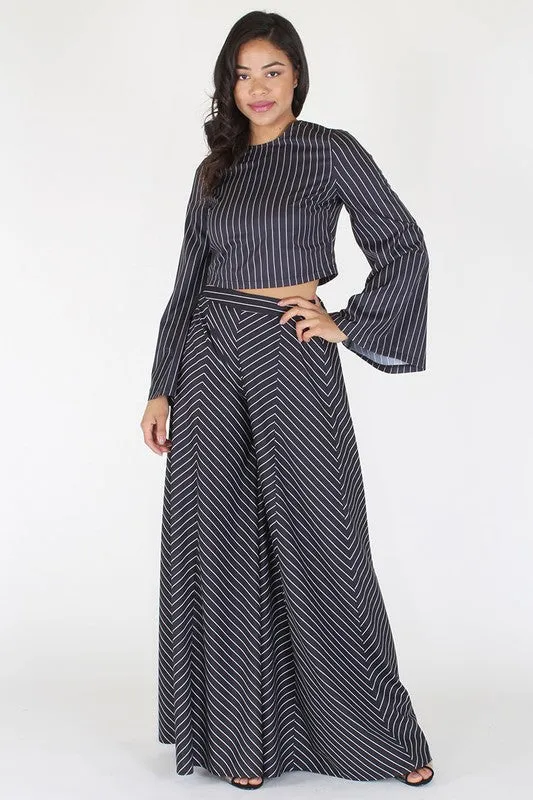 Long Sleeve Striped Top And Wide Leg Pants Set