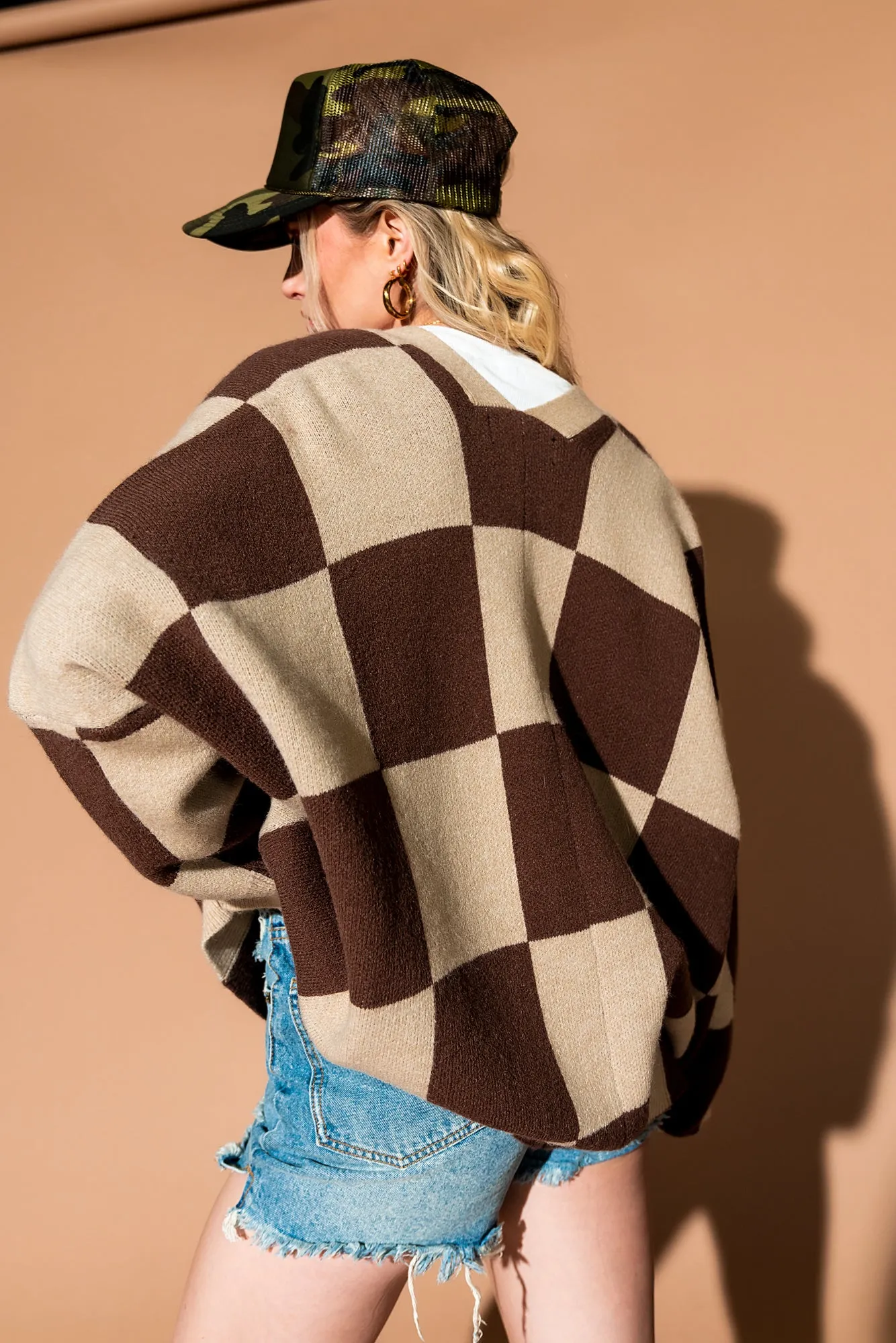 Love You Oversized Checkerboard Cardigan in Chai Latte