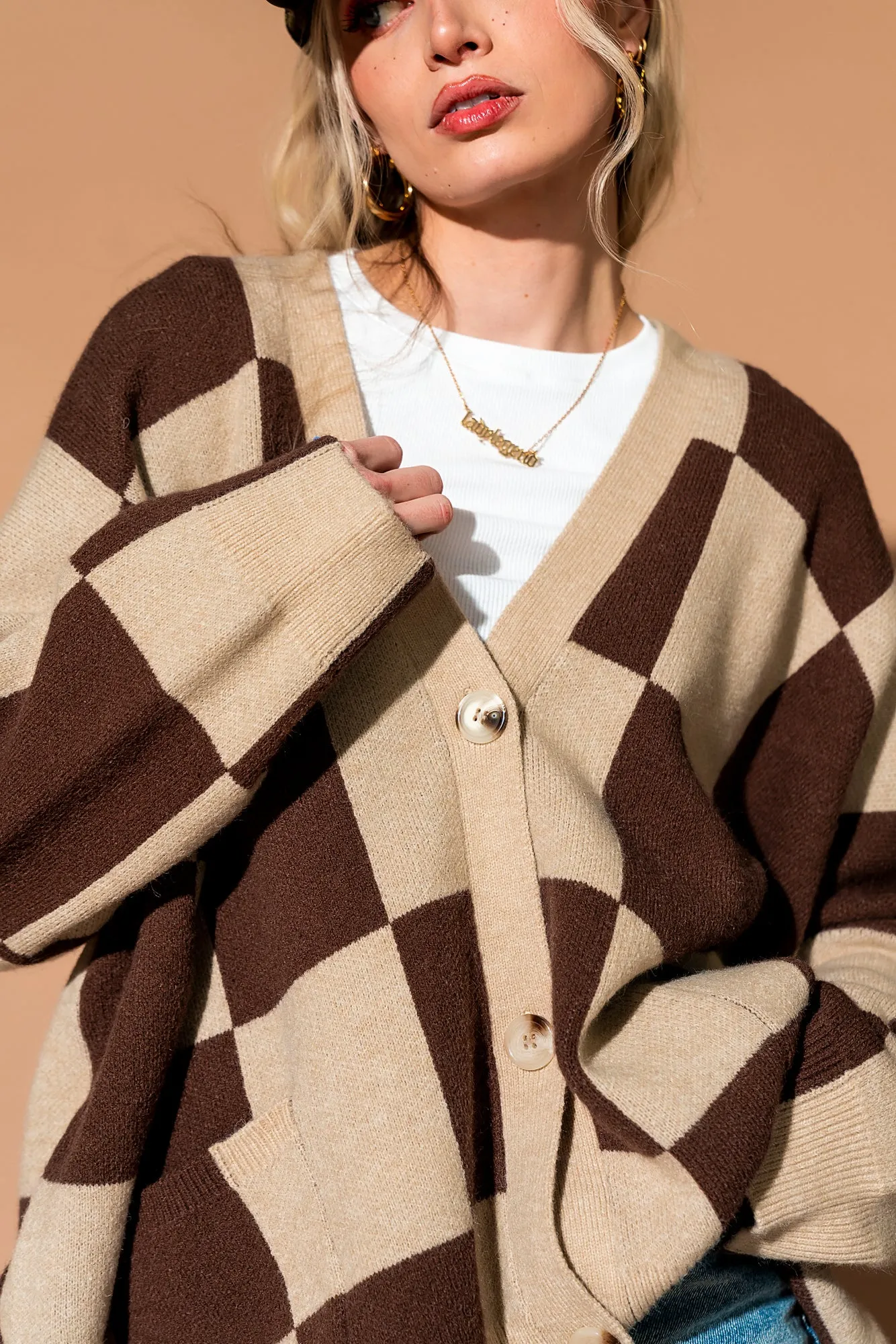 Love You Oversized Checkerboard Cardigan in Chai Latte