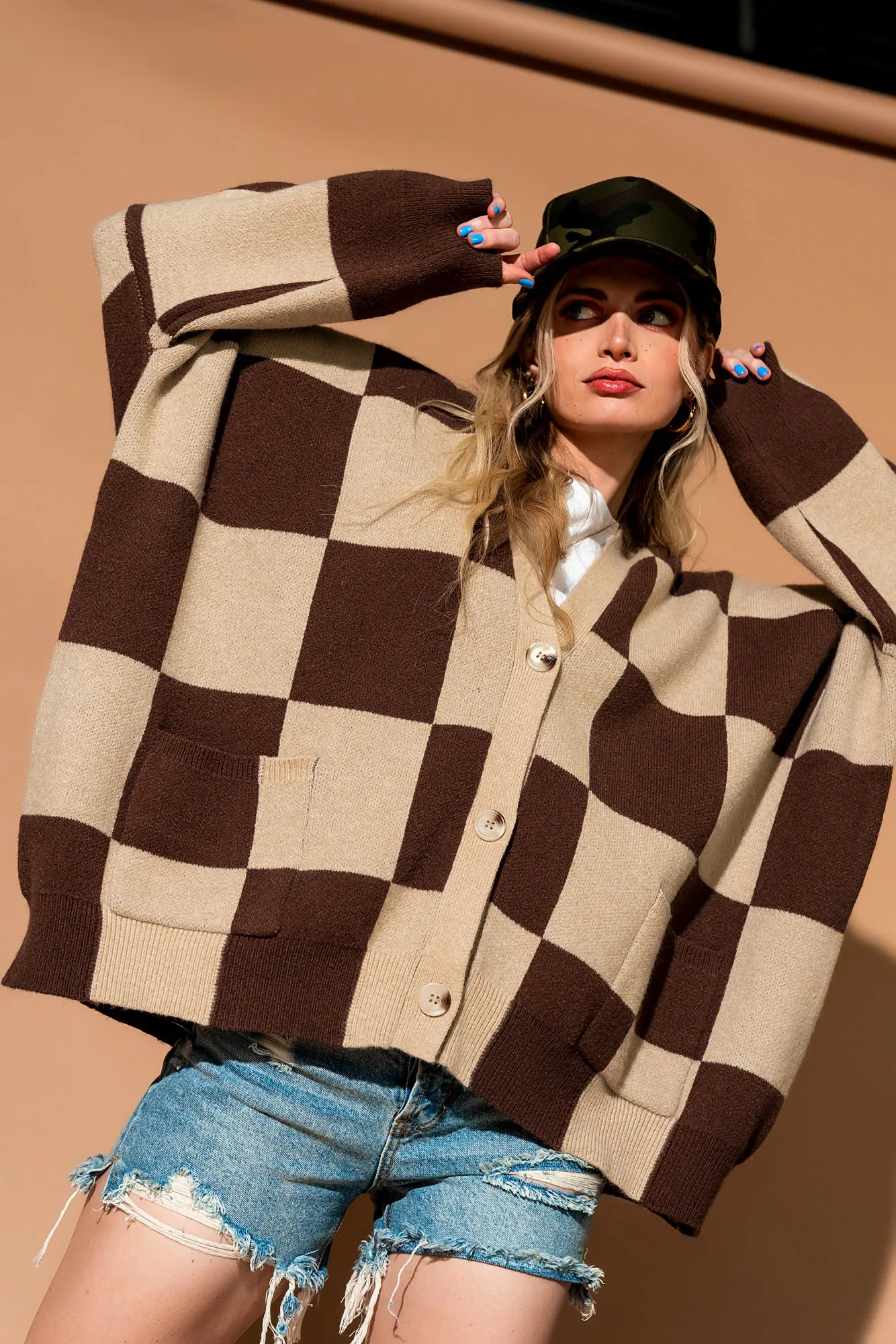 Love You Oversized Checkerboard Cardigan in Chai Latte