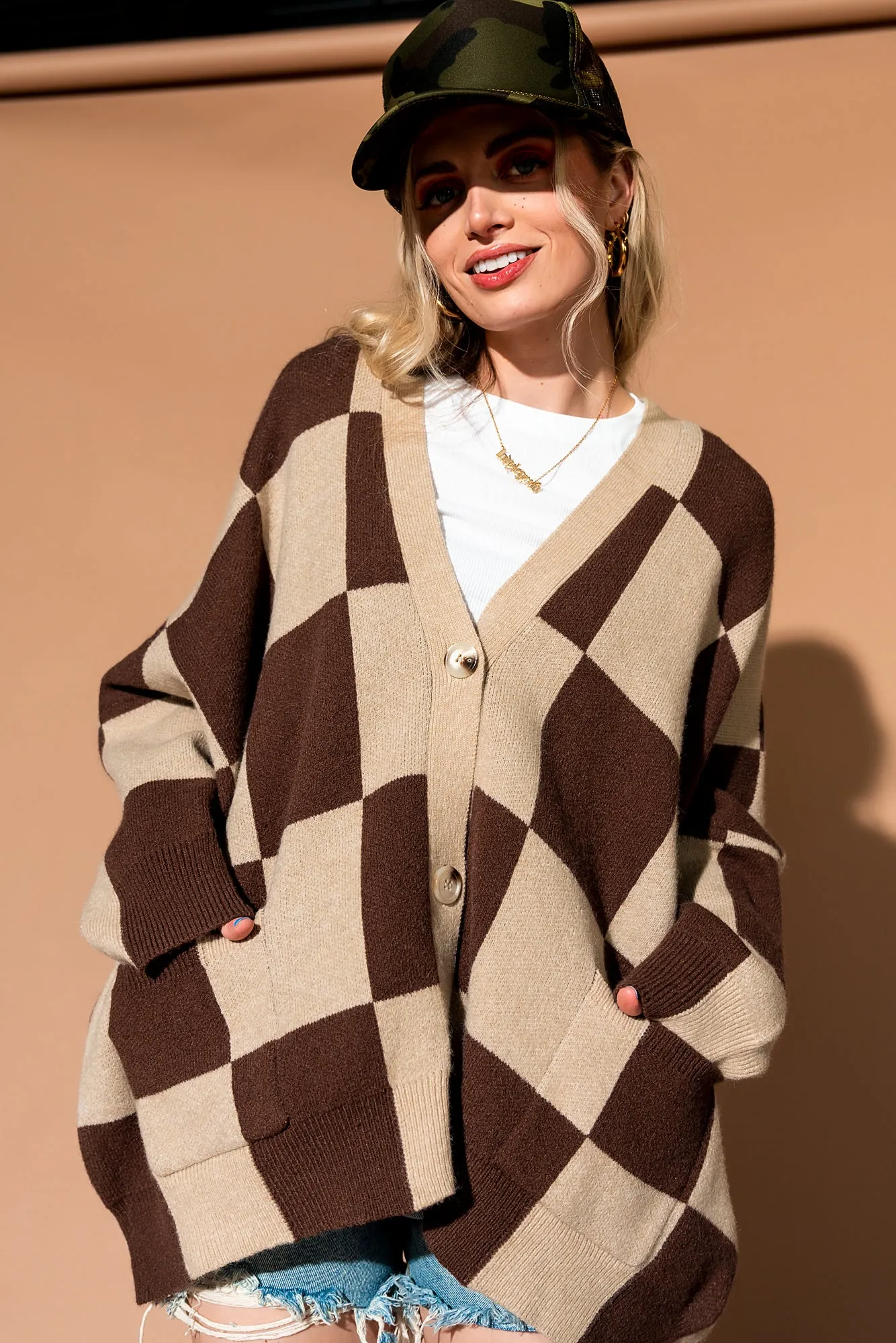 Love You Oversized Checkerboard Cardigan in Chai Latte