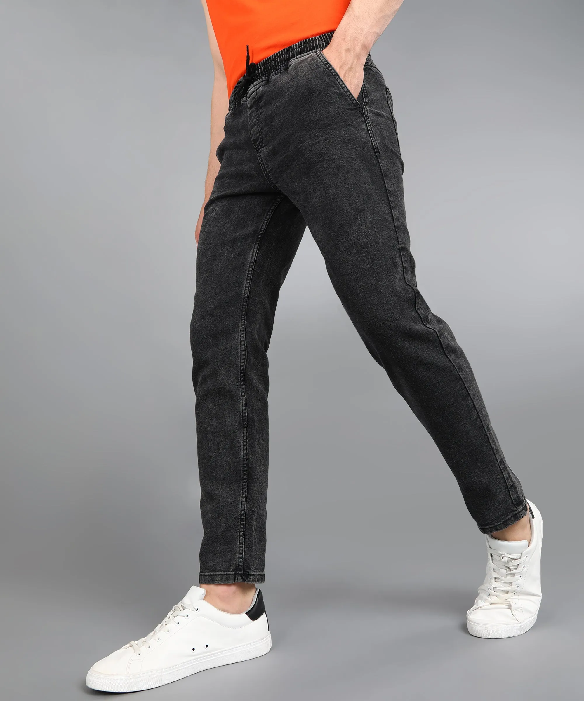 Men's Charcoal Black Regular Fit Washed Jogger Jeans Stretchable