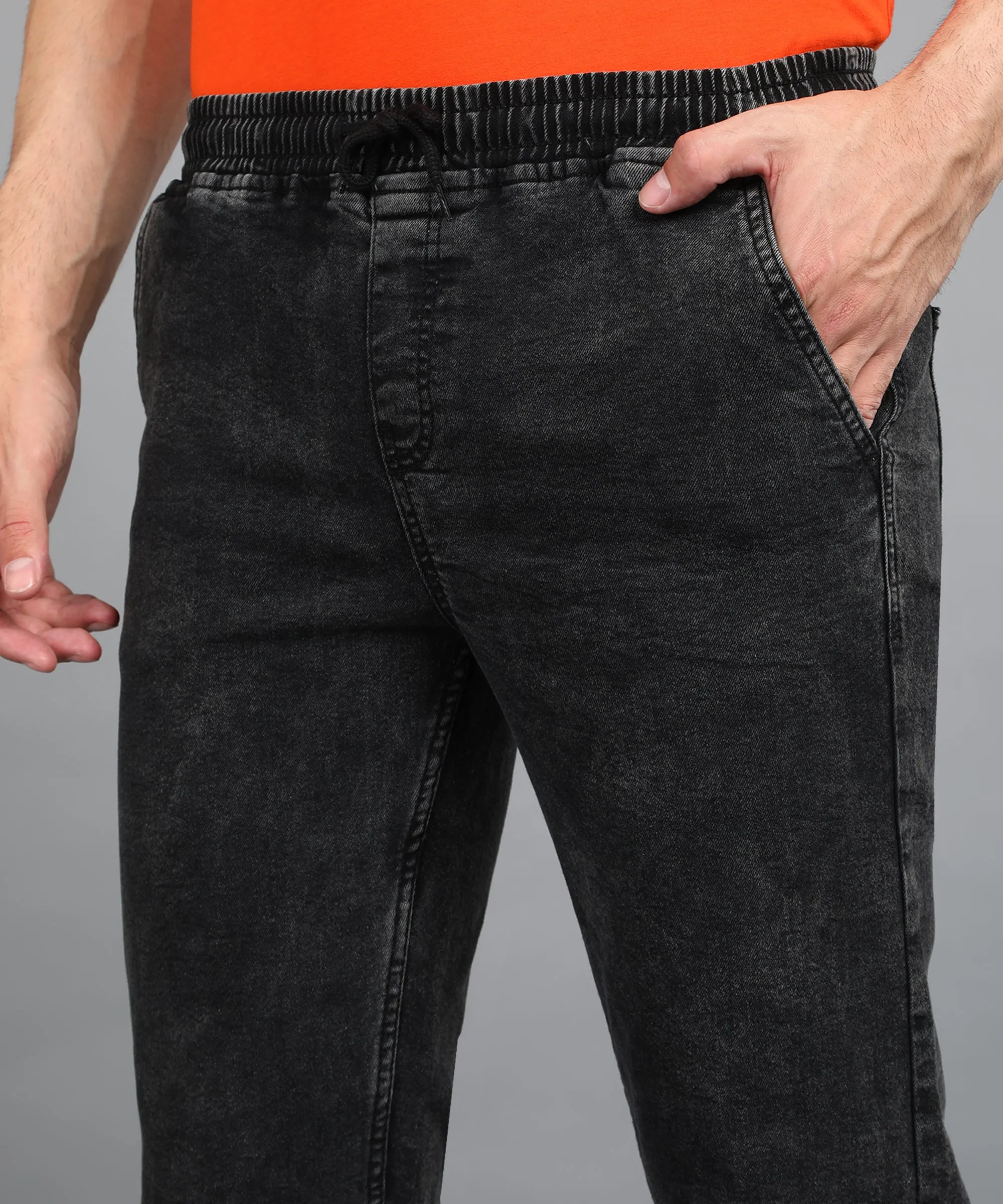 Men's Charcoal Black Regular Fit Washed Jogger Jeans Stretchable