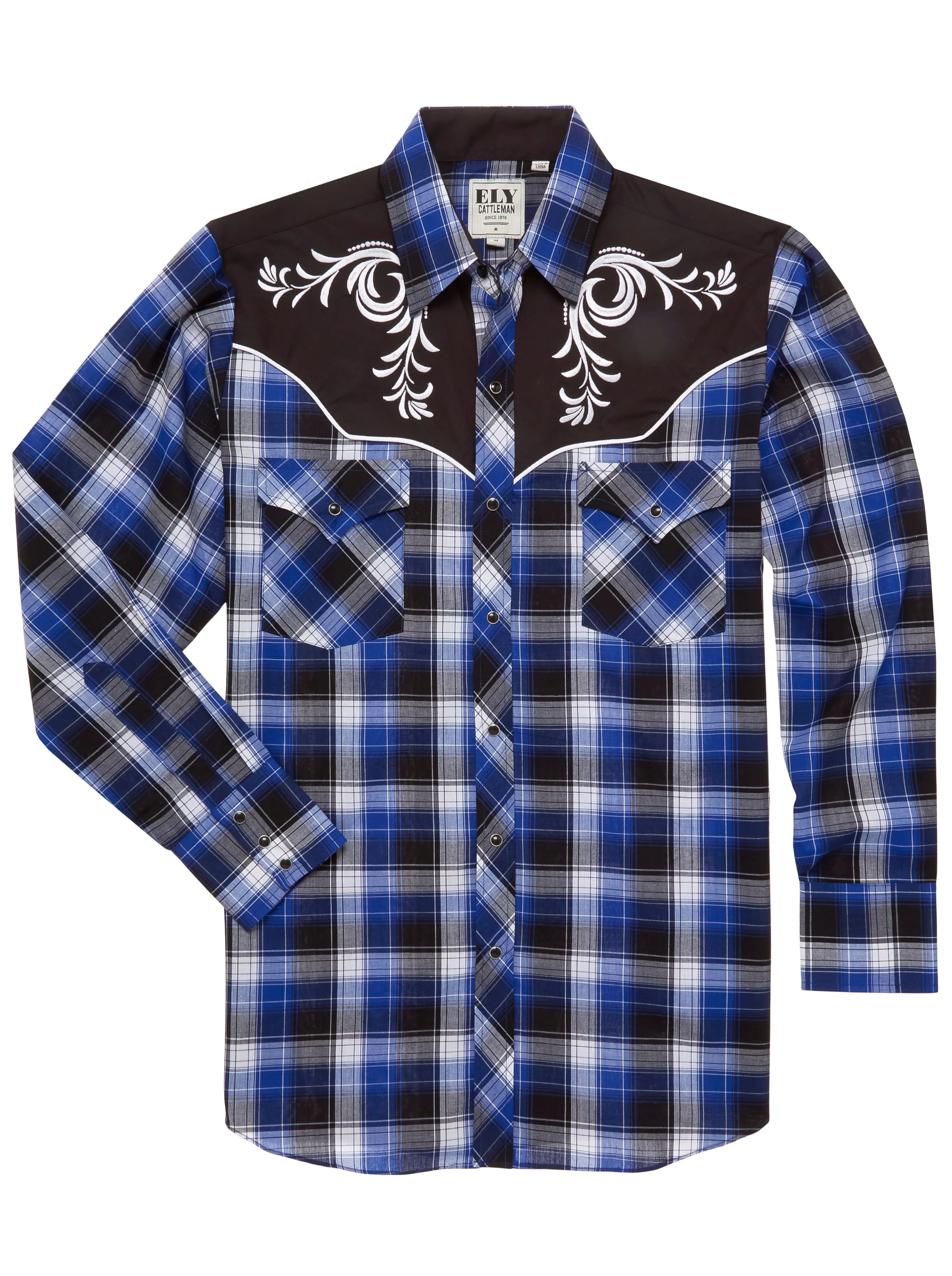 Men's Ely Cattleman Retro Plaid Western Snap Shirt with Embroidery- Royal Blue