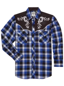 Men's Ely Cattleman Retro Plaid Western Snap Shirt with Embroidery- Royal Blue