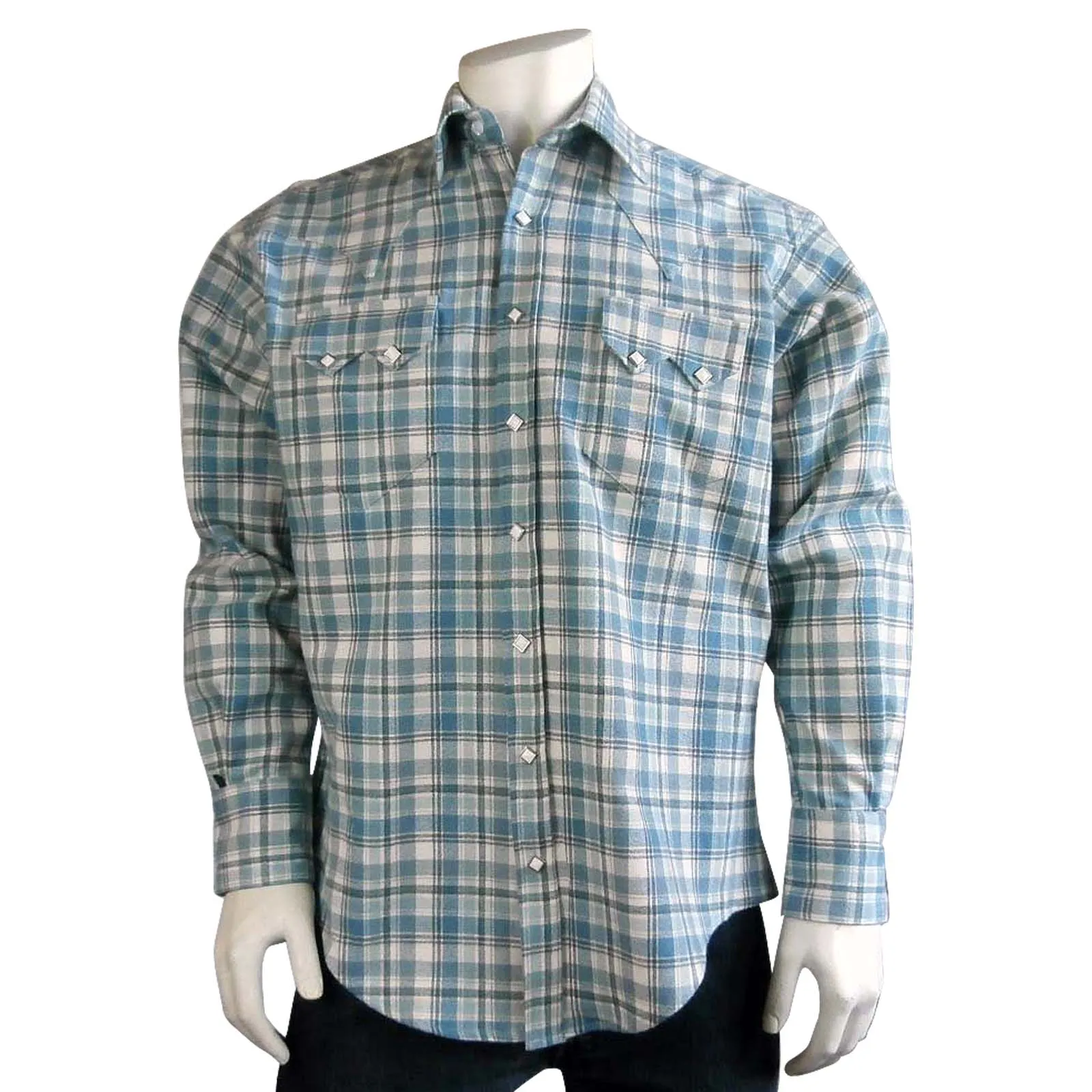 Men's Organic Plush Flannel Dusty Blue Plaid Western Shirt